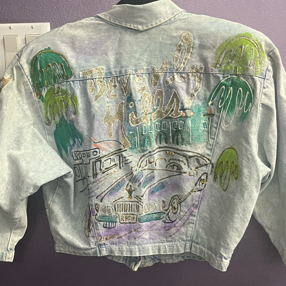 RIO Beverly Hills airbrushed glitter crystals bolero crop jean denim jacket 1990 - Picture 1 of 11